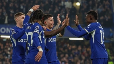 Chelsea's Nicolas Jackson celebrates with teammates after scoring his side's opening goal during the English Premier League match vs Newcastle (AP) Chelsea's Nicolas Jackson celebrates with teammates after scoring his side's opening goal during the English Premier League match vs Newcastle (AP)