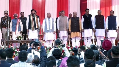 Newly sworn-in Haryana Chief Minister Nayab Singh Saini with his cabinet, governor Bandaru Dattatreya and former Haryana CM Manohar Lal Khattar at the Raj Bhavan in Chandigarh on Tuesday. (ANI) Newly sworn-in Haryana Chief Minister Nayab Singh Saini with his cabinet, governor Bandaru Dattatreya and former Haryana CM Manohar Lal Khattar at the Raj Bhavan in Chandigarh on Tuesday. (ANI)