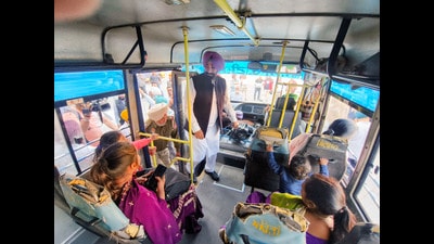 PRTC chairman Ranjodh Singh Hadana meets the passengers inside the bus at the old bus terminal, which has been restarted on the demands of the residents after ten months, in Patiala on Tuesday. (ANI) PRTC chairman Ranjodh Singh Hadana meets the passengers inside the bus at the old bus terminal, which has been restarted on the demands of the residents after ten months, in Patiala on Tuesday. (ANI)