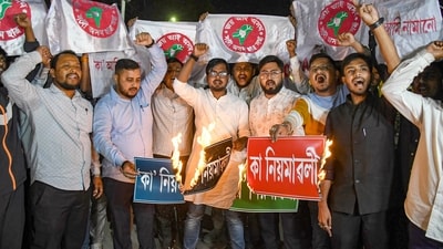 Activists of the All Assam Students Union (AASU) stage a protest after the central government notified the rules for implementation of the Citizenship (Amendment) Act, 2019 in Guwahati on Monday. (PTI) Activists of the All Assam Students Union (AASU) stage a protest after the central government notified the rules for implementation of the Citizenship (Amendment) Act, 2019 in Guwahati on Monday. (PTI)