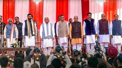 New Haryana Chief Minister Nayab Singh Saini with cabinet ministers during his oath taking ceremony (PTI)