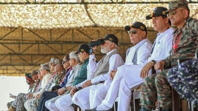 Prime Minister Narendra Modi with defence minister Rajnath Singh in Pokhran on Tuesday. (PTI) Prime Minister Narendra Modi with defence minister Rajnath Singh in Pokhran on Tuesday. (PTI)