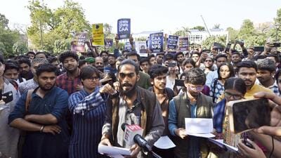 Students of Jamia Millia Islamia University protest inside the university in New Delhi on Tuesday. (Sanjeev Verma/HT Photo) Students of Jamia Millia Islamia University protest inside the university in New Delhi on Tuesday. (Sanjeev Verma/HT Photo)