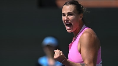 Aryna Sabalenka reacts after winning a point in her third round match against Emma Raducanu (GBR) during the BNP Paribas Open at Indian Wells (USA TODAY Sports via Reuters Con)