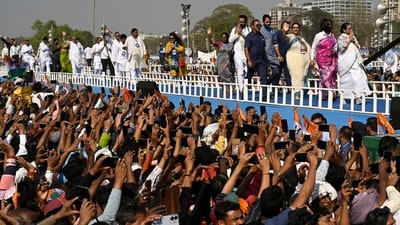 Kolkata, India - March 10, 2024: Chief Minister of West Bengal and All India Trinamool Congress (AITC) Chairperson Mamata Banerjee along with 42 Lok Sabha candidates walk on the ramp at Brigade Parade Ground to greet their supporters during 'Jonogorjon' Rally in Kolkata, India, on Sunday, March 10, 2024. (Photo by Samir Jana/ Hindustan Times) (Hindustan Times) Kolkata, India - March 10, 2024: Chief Minister of West Bengal and All India Trinamool Congress (AITC) Chairperson Mamata Banerjee along with 42 Lok Sabha candidates walk on the ramp at Brigade Parade Ground to greet their supporters during 'Jonogorjon' Rally in Kolkata, India, on Sunday, March 10, 2024. (Photo by Samir Jana/ Hindustan Times) (Hindustan Times)