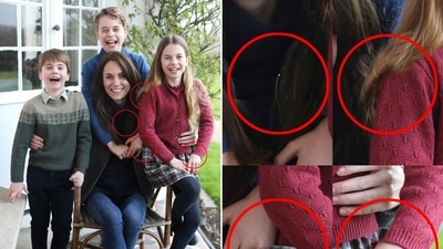 A combination of pictures made on March 11, 2024 shows a handout photo released by Kensington Palace on March 10, 2024 of Britain's Catherine, Princess of Wales with her children, alongside a version highlighting several inconsistencies in alignments after it came to light that the handout had been manipulated. (AFP) A combination of pictures made on March 11, 2024 shows a handout photo released by Kensington Palace on March 10, 2024 of Britain's Catherine, Princess of Wales with her children, alongside a version highlighting several inconsistencies in alignments after it came to light that the handout had been manipulated. (AFP)