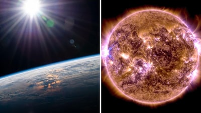 The image on the left shows an orbital sunrise, and the picture on the right captures solar flares. (Instagram/@nasa) The image on the left shows an orbital sunrise, and the picture on the right captures solar flares. (Instagram/@nasa)