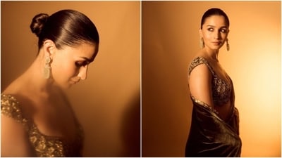 Alia Bhatt recently attended the Zee Cine Awards 2024, dressed in an olive green velvet saree and an embroidered gold blouse. The actor shared pictures of her look in the six yards on Instagram with the caption, "Glamadrama." The drape is from the shelves of Bollywood's favourite designer, Manish Malhotra's eponymous label. Celebs and fans loved Alia's modern ethnic look and dropped comments under her post. While Karan Johar called her 'Gorg', her mom, Soni Razdan, wrote, "Wow darling how lovely." (Instagram) Alia Bhatt recently attended the Zee Cine Awards 2024, dressed in an olive green velvet saree and an embroidered gold blouse. The actor shared pictures of her look in the six yards on Instagram with the caption, "Glamadrama." The drape is from the shelves of Bollywood's favourite designer, Manish Malhotra's eponymous label. Celebs and fans loved Alia's modern ethnic look and dropped comments under her post. While Karan Johar called her 'Gorg', her mom, Soni Razdan, wrote, "Wow darling how lovely." (Instagram)