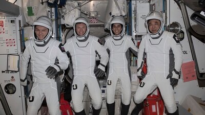 From left, Roscosmos cosmonaut Konstantin Borisov, ESA (European Space Agency) astronaut Andreas Mohgensen, NASA astronaut Jasmin Moghbeli, and JAXA (Japan Aerospace Exploration Agency) astronaut Satoshi Furukawa. The quartet splashed down off the coast of Florida on Tuesday, March 12, 2024, completing a six-and-a-half-month space research mission. (NASA via AP) (AP) From left, Roscosmos cosmonaut Konstantin Borisov, ESA (European Space Agency) astronaut Andreas Mohgensen, NASA astronaut Jasmin Moghbeli, and JAXA (Japan Aerospace Exploration Agency) astronaut Satoshi Furukawa. The quartet splashed down off the coast of Florida on Tuesday, March 12, 2024, completing a six-and-a-half-month space research mission. (NASA via AP) (AP)