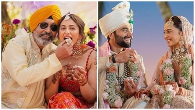Rakul Preet Singh with her father and Jackky Bhagnani at her wedding festivities in February 2024. Rakul Preet Singh with her father and Jackky Bhagnani at her wedding festivities in February 2024.