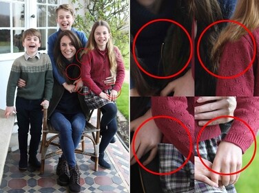 A combination of pictures made on March 11, 2024 shows a handout photo released by Kensington Palace on March 10, 2024 of Britain's Catherine, Princess of Wales with her children, alongside a version highlighting several inconsistencies in alignments after it came to light that the handout had been manipulated (Photo by Prince of Wales / KENSINGTON PALACE / AFP) (AFP) A combination of pictures made on March 11, 2024 shows a handout photo released by Kensington Palace on March 10, 2024 of Britain's Catherine, Princess of Wales with her children, alongside a version highlighting several inconsistencies in alignments after it came to light that the handout had been manipulated (Photo by Prince of Wales / KENSINGTON PALACE / AFP) (AFP)