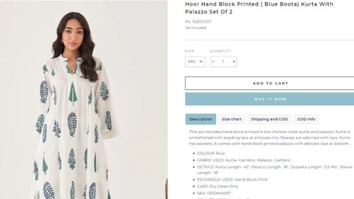 The price of the kurta and palazzo set Isha Ambani wore. (shopdrzya.com) The price of the kurta and palazzo set Isha Ambani wore. (shopdrzya.com)