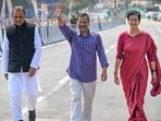 Chief minister Arvind Kejriwal, PWD minister Atishi and AAP leader Somnath Bharti at a ceremony to open a flyover near Moti Nagar in New Delhi on Wednesday,