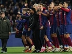 Barcelona players celebrate their win at the end of the UEFA Champions League last 16 second leg against SSC Napoli Barcelona players celebrate their win at the end of the UEFA Champions League last 16 second leg against SSC Napoli