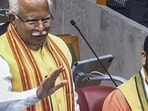 Former Haryana CM Manohar Lal Khattar speaking in the assembly during voting on the confidence vote moved by chief minister Nayab Singh Saini in Chandigarh on Wednesday. (PTI Photo) Former Haryana CM Manohar Lal Khattar speaking in the assembly during voting on the confidence vote moved by chief minister Nayab Singh Saini in Chandigarh on Wednesday. (PTI Photo)