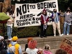 People protesting against Boeing as it holds the Defense Supplier Summit in Seattle, Washington, U.S.