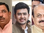 Union minister Pralhad Joshi, BJP MP Tejasvi Surya and former chief minister Basavaraj Bommai. Union minister Pralhad Joshi, BJP MP Tejasvi Surya and former chief minister Basavaraj Bommai.