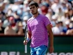 Carlos Alcaraz of Spain celebrates while playing Fabian Marozsan of Hungary during the BNP Paribas Open 