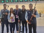  From left Divyansh Singh, coach Suma Shirur, foreign rifle coach Thomas Farnik, Aishwary Tomar and Rudrankksh