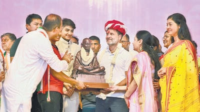 Dhule, March 13 (ANI): Congress leader Rahul Gandhi being felicitated during the Bharat Jodo Nyay Yatra in Dhule, Maharashtra on Wednesday. (ANI Photo) (Congress X)