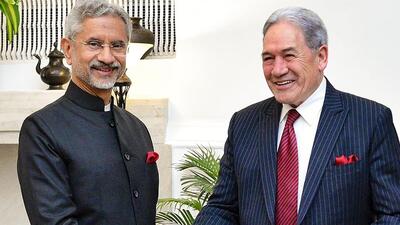 External affairs minister S. Jaishankar with deputy prime minister and foreign minister of New Zealand Winston Peters during a meeting in New Delhi on Tuesday. (PTI/@DrSJaishankar) External affairs minister S. Jaishankar with deputy prime minister and foreign minister of New Zealand Winston Peters during a meeting in New Delhi on Tuesday. (PTI/@DrSJaishankar)