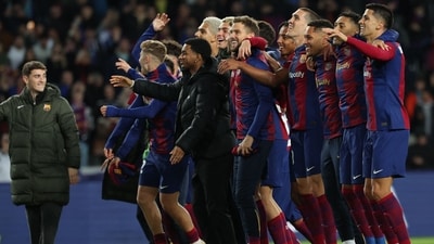 Barcelona players celebrate their win at the end of the UEFA Champions League last 16 second leg against SSC Napoli (AFP) Barcelona players celebrate their win at the end of the UEFA Champions League last 16 second leg against SSC Napoli (AFP)