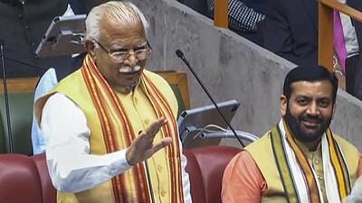 Former Haryana CM Manohar Lal Khattar speaking in the assembly during voting on the confidence vote moved by chief minister Nayab Singh Saini in Chandigarh on Wednesday. (PTI Photo) Former Haryana CM Manohar Lal Khattar speaking in the assembly during voting on the confidence vote moved by chief minister Nayab Singh Saini in Chandigarh on Wednesday. (PTI Photo)