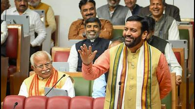 Haryana CM Nayab Singh Saini speaks as former CM Manohar Lal Khattar looks on during a special session of the state Assembly, in Chandigarh, on Wednesday. (PTI) Haryana CM Nayab Singh Saini speaks as former CM Manohar Lal Khattar looks on during a special session of the state Assembly, in Chandigarh, on Wednesday. (PTI)