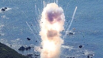 Japan's Space One's small, solid-fueled Kairos rocket exploded shortly after its inaugural launch in Kushimoto town, Wakayama prefecture, Japan March 13, 2024. (Kyodo via REUTERS)