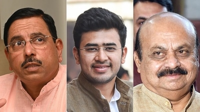 Union minister Pralhad Joshi, BJP MP Tejasvi Surya and former chief minister Basavaraj Bommai. Union minister Pralhad Joshi, BJP MP Tejasvi Surya and former chief minister Basavaraj Bommai.