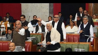 Leader of Opposition in the Haryana Assembly Bhupinder Singh Hooda speaks during the special session of the state assembly in Chandigarh on Wednesday. (HT Photo) Leader of Opposition in the Haryana Assembly Bhupinder Singh Hooda speaks during the special session of the state assembly in Chandigarh on Wednesday. (HT Photo)