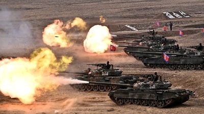 A military demonstration involving tank units and guided by North Korean leader Kim Jong Un is held in North Korea. (Reuters)