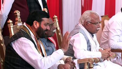 Newly sworn-in Haryana CM Nayab Singh Saini along with Governor B Dattatreya and ex-CM Manohar Lal Khattar. (ANI photo) Newly sworn-in Haryana CM Nayab Singh Saini along with Governor B Dattatreya and ex-CM Manohar Lal Khattar. (ANI photo)