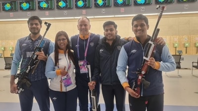 From left Divyansh Singh, coach Suma Shirur, foreign rifle coach Thomas Farnik, Aishwary Tomar and Rudrankksh (NRAI) From left Divyansh Singh, coach Suma Shirur, foreign rifle coach Thomas Farnik, Aishwary Tomar and Rudrankksh (NRAI)