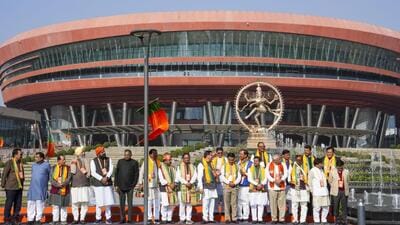 The BJP National Council meeting at the Bharat Mandapam, in New Delhi, on Saturday. (PTI)