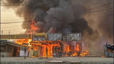 The fire at eateries near Gaur Chowk on Wednesday morning. Since the shops were yet to open, no one was hurt. (HT Photo) The fire at eateries near Gaur Chowk on Wednesday morning. Since the shops were yet to open, no one was hurt. (HT Photo)