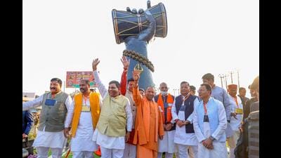 UP CM Yogi Adityanath inaugurates a newly-installed ‘Damru’ at Aadi Chauraha in Bareilly on Wednesday (PTI) UP CM Yogi Adityanath inaugurates a newly-installed ‘Damru’ at Aadi Chauraha in Bareilly on Wednesday (PTI)