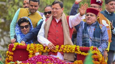 Uttarakhand chief minister Pushkar Singh Dhami participates in a roadshow at Barkot area of Uttarkashi district (PTI/Viia X/@pushkardhami) Uttarakhand chief minister Pushkar Singh Dhami participates in a roadshow at Barkot area of Uttarkashi district (PTI/Viia X/@pushkardhami)