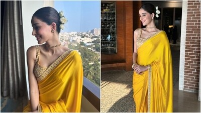 Ananya Panday poses for pictures in a dazzling yellow saree. (Instagram) Ananya Panday poses for pictures in a dazzling yellow saree. (Instagram)