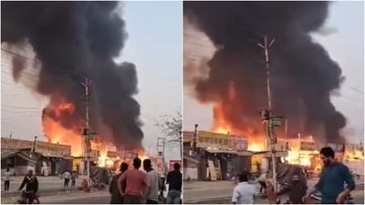 A massive fire breaks out in a few dhabas in Bisrakh Police station area of Greater Noida. (ANI) A massive fire breaks out in a few dhabas in Bisrakh Police station area of Greater Noida. (ANI)