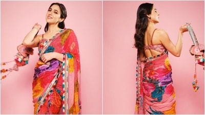 Sara Ali Khan wore this colourful saree to promote her film, Ae Watan Mere Watan. (Instagram) Sara Ali Khan wore this colourful saree to promote her film, Ae Watan Mere Watan. (Instagram)