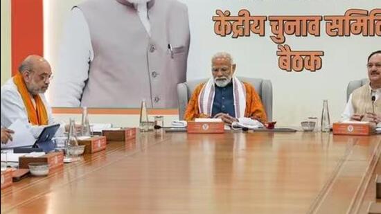 Prime Minister Narendra Modi with Union Home Minister Amit Shah, BJP National President JP Nadda and others during the BJP’s Central Election Committee meeting (PTI Photo)