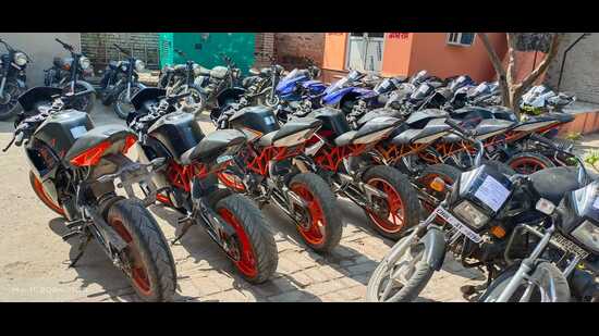 The recovered motorcycles in the custody of Mohali police. (HT)