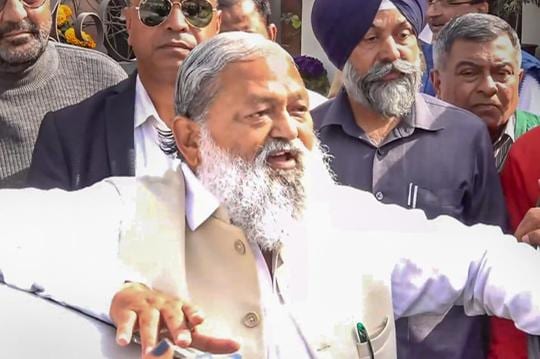 A day after he skipped the oath-taking ceremony of new Haryana CM Nayab Singh Saini, former home minister Anil Vij heads to the assembly for the trust vote in Chandigarh on Wednesday. (PTI Photo) A day after he skipped the oath-taking ceremony of new Haryana CM Nayab Singh Saini, former home minister Anil Vij heads to the assembly for the trust vote in Chandigarh on Wednesday. (PTI Photo)