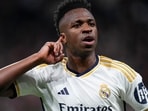 Real Madrid's Vinicius Junior celebrates after scoring his side's opening goal 