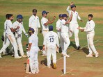 Mumbai players celebrate the wicket of Karun Nair during Day 4 of the Ranji Trophy final test against Vidarbha Mumbai players celebrate the wicket of Karun Nair during Day 4 of the Ranji Trophy final test against Vidarbha