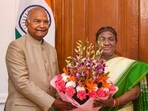 Ram Nath Kovind, chairman of the High-Level Committee (HLC) on 'One Nation, One Election', presents the report to President Droupadi Murmu, in New Delhi, on March 14. 