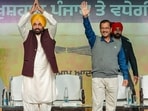 Punjab CM Bhagwant Mann and Delhi CM Arvind Kejriwal during a rally in Mohali. (PTI)