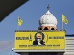 A banner with the image of Sikh leader Hardeep Singh Nijjar is seen at the Guru Nanak Sikh Gurdwara temple, site of his June 2023 killing, in Surrey, British Columbia, Canada September 20, 2023. (REUTERS)