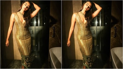 Her gold outfit features a deep v-neckline, a bodycon fit and intricate gold sequin embroidery all over for a glamorous finish. The enchanting floral embroidery adorning the hem of her dress adds the perfect contrast of colour, making her outfit a true showstopper. (Instagram/@hegdepooja) Her gold outfit features a deep v-neckline, a bodycon fit and intricate gold sequin embroidery all over for a glamorous finish. The enchanting floral embroidery adorning the hem of her dress adds the perfect contrast of colour, making her outfit a true showstopper. (Instagram/@hegdepooja)